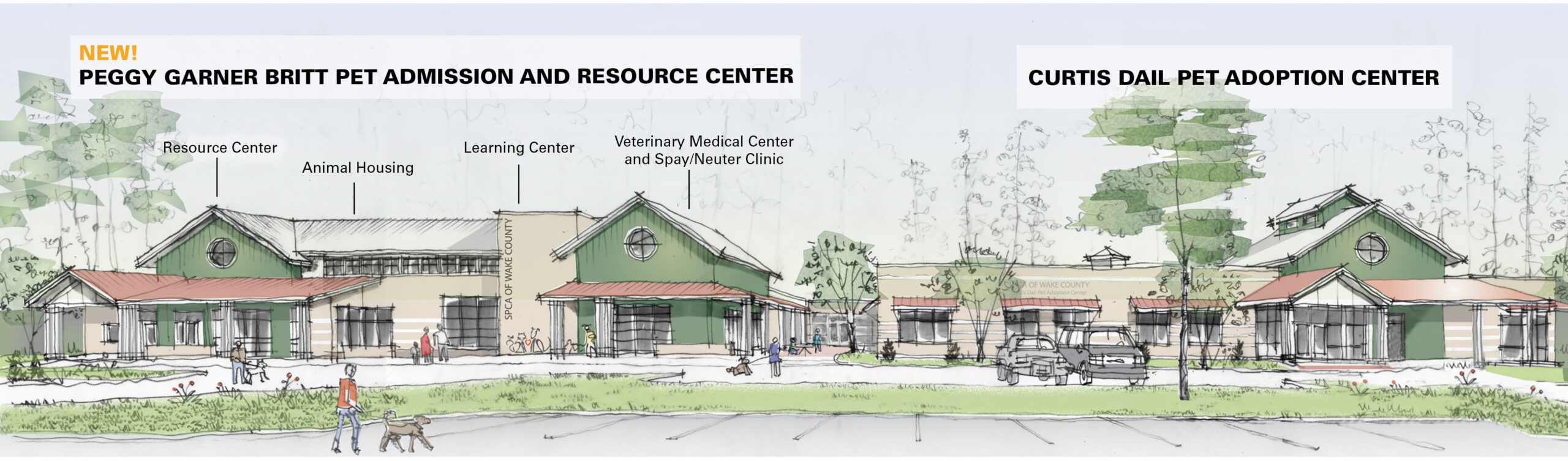 artistic rendering of the SPCA's current facility alongside the new facility currently being constructed