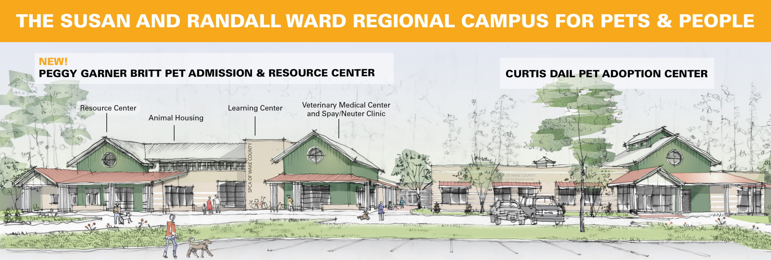 artistic rendering of the SPCA's upcoming pet admission and resource center positioned alongside its current pet adoption center