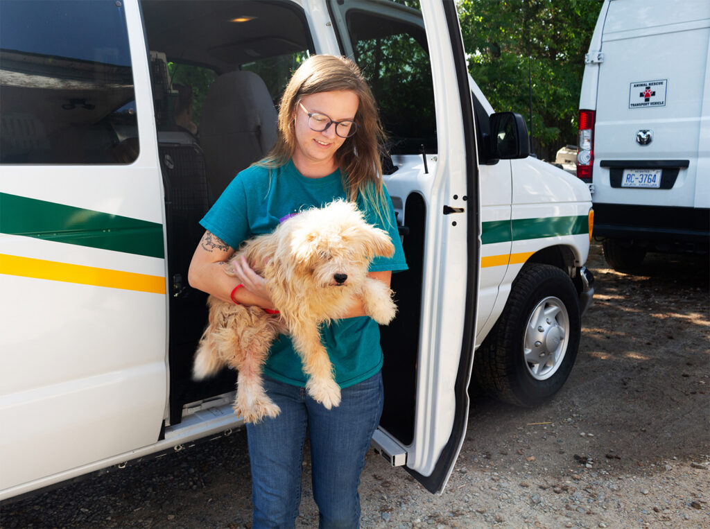 Smiling woman carries dog into animal shelter